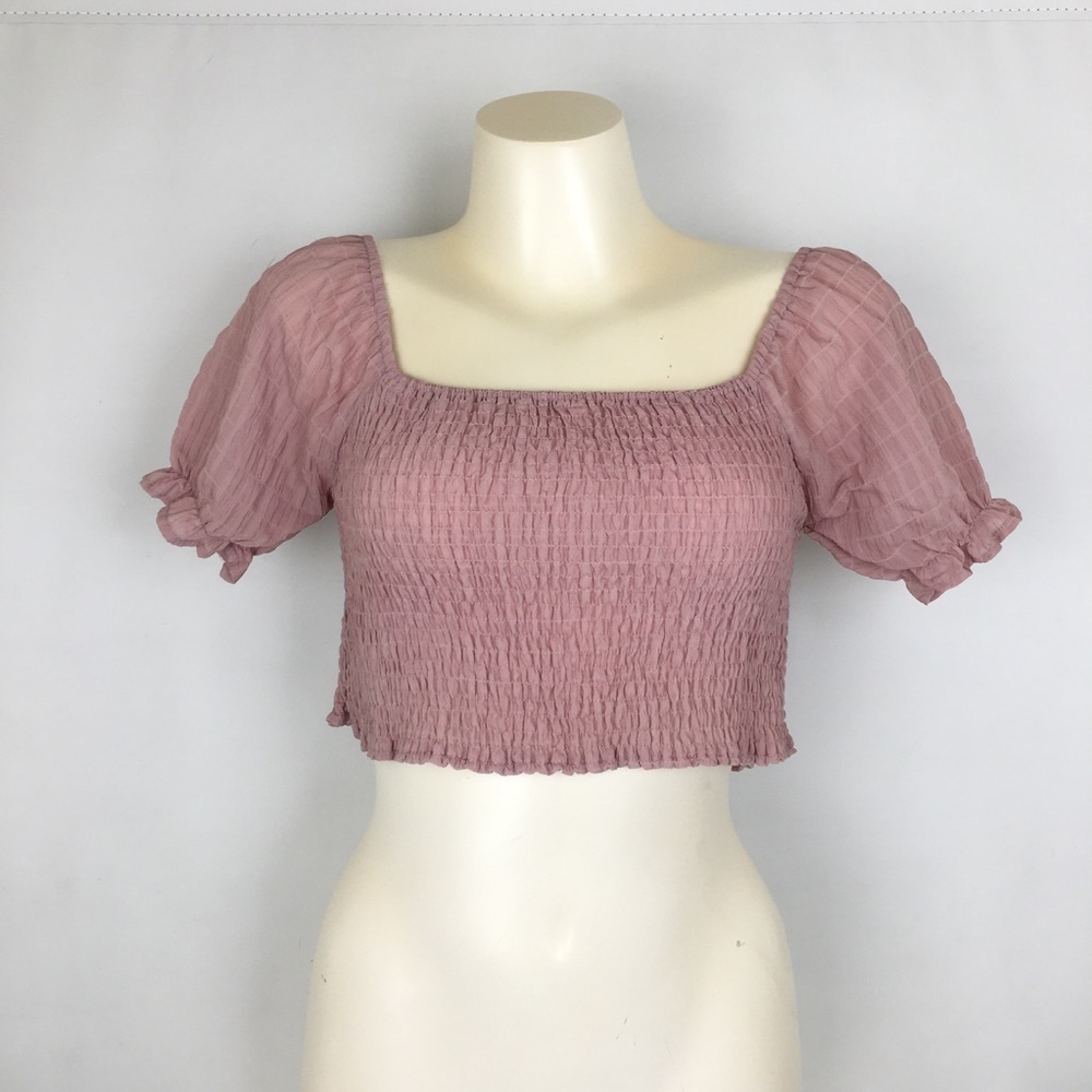 Milkmaid Pink Crop Top Puff Sleeve Ruched Y2K Shirt Cottagecore